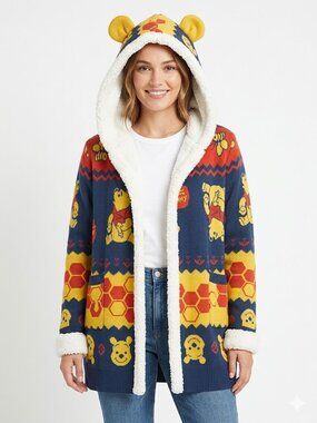 Disney Winnie The Pooh Fair Isle Sherpa Hooded Open Cardigan Size Med